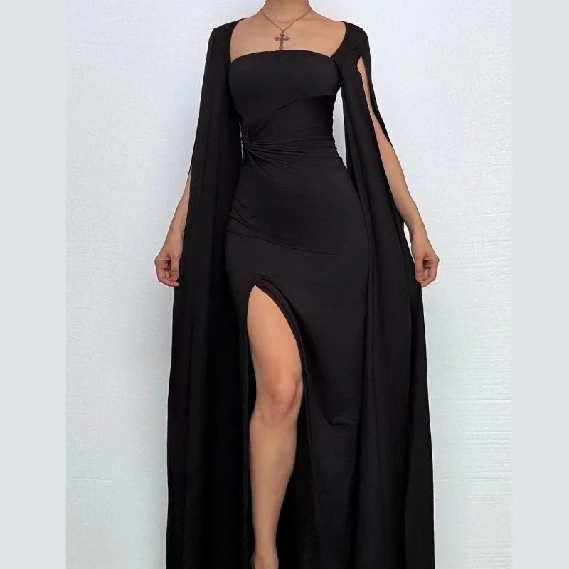 Long sleeve high slit square neck ruched maxi dress