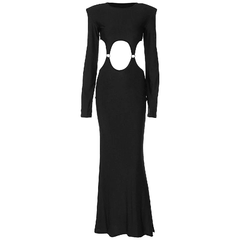 Long sleeve hollow out o ring padded cut out maxi dress