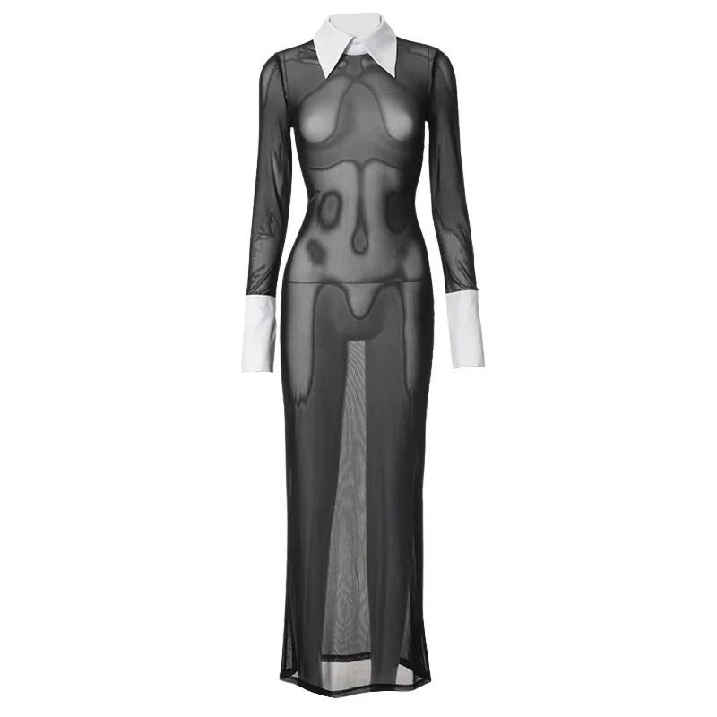 Long sleeve turnover collar mesh see through maxi dress