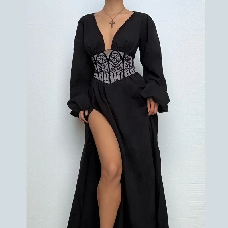 Long sleeve v neck corset maxi dress