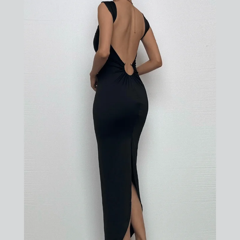 O ring ruched hollow out high slit cami cut out maxi dress