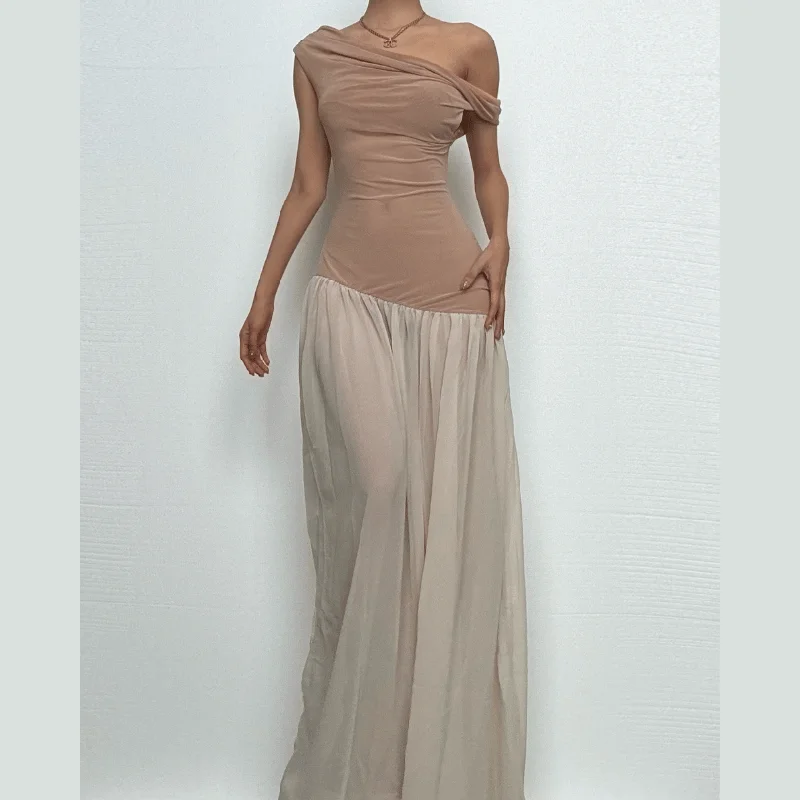 Off shoulder ruched mesh maxi dress