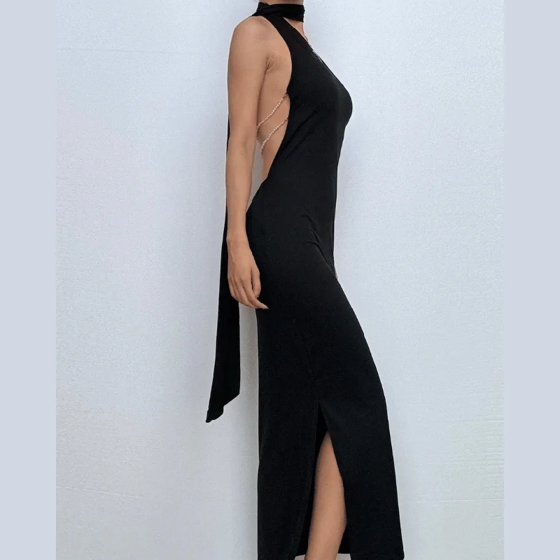 One shoulder backless slit solid halter beaded maxi dress