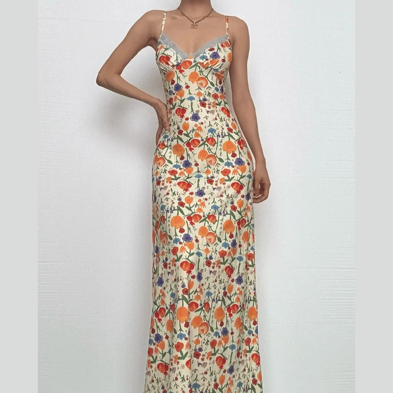 Print v neck lace hem knotted cami maxi dress