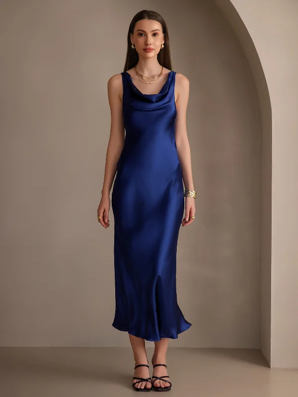 Clearance - Pure Silk Solid Color Cowl Neck Slip Long Dress