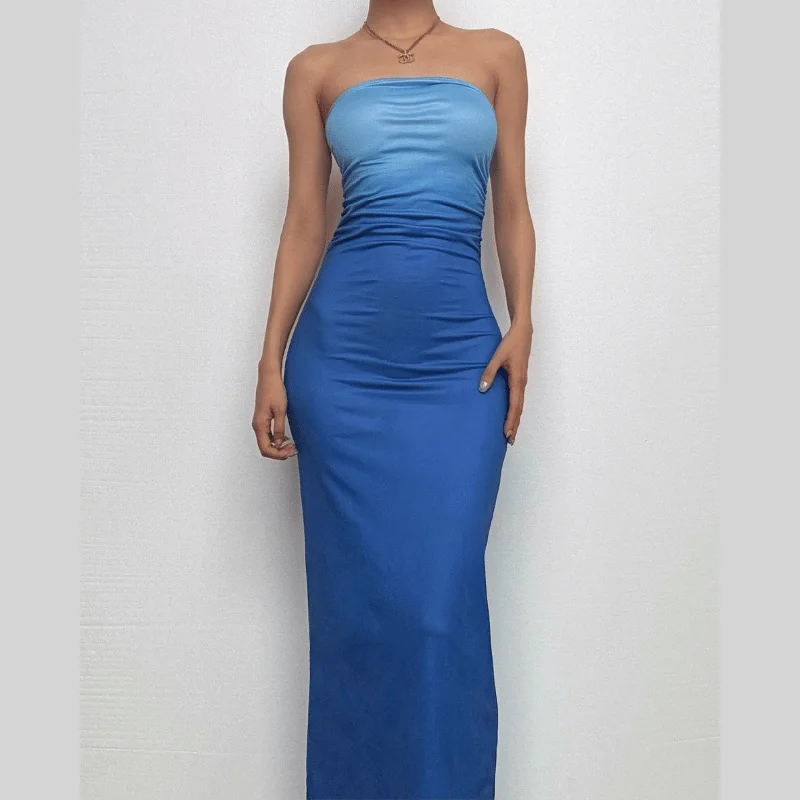 Ruched gradient backless tube maxi dress