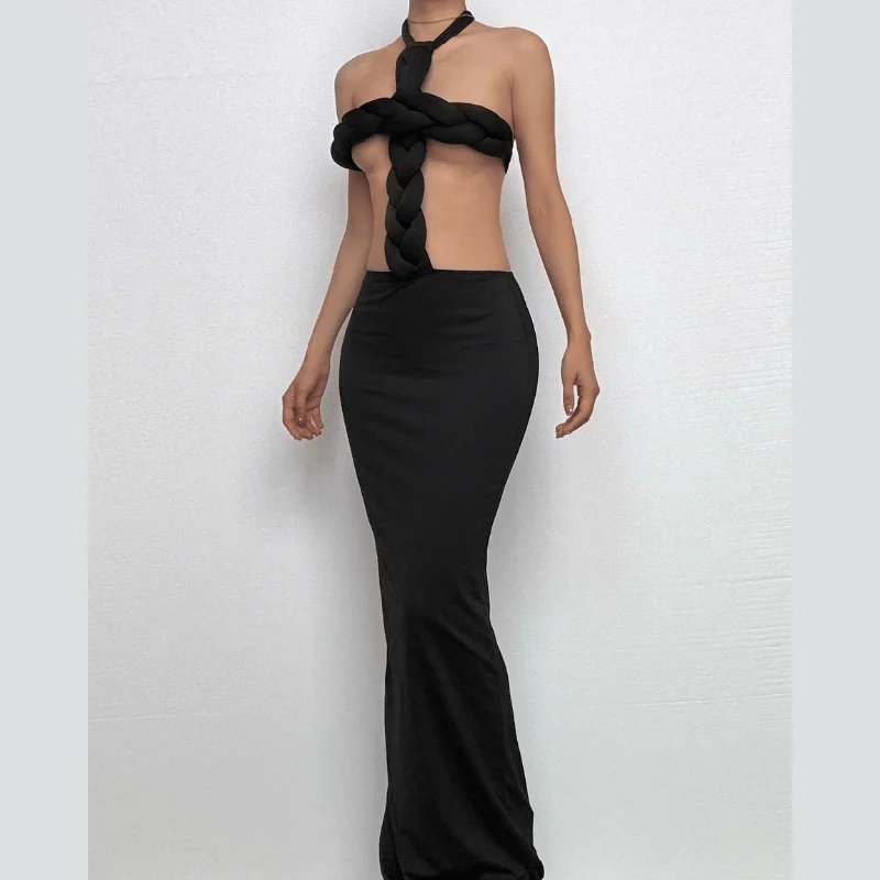 Self tie halter hollow out backless solid cut out maxi dress