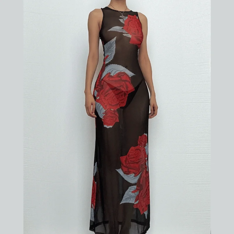 Sleeveless flower print mesh see through maxi dress