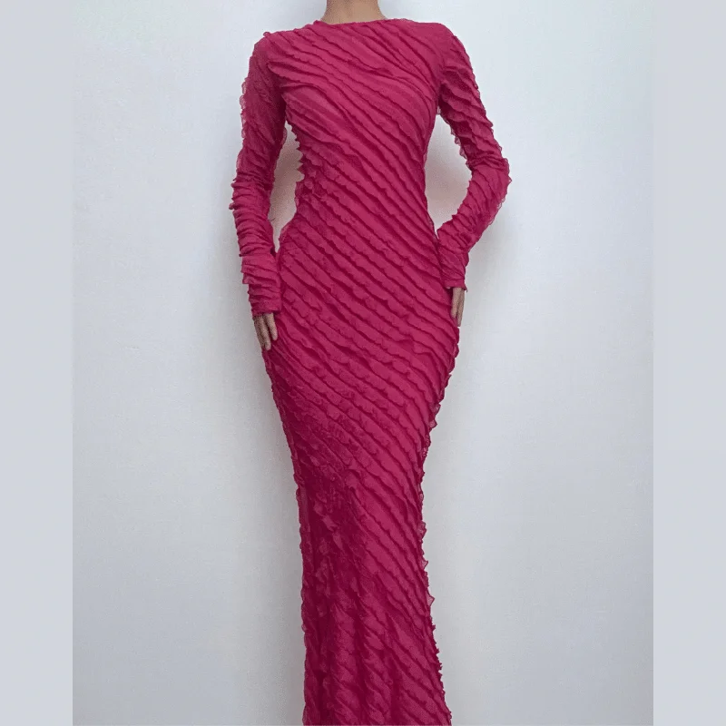 Textured long sleeve crewneck ruffle solid maxi dress