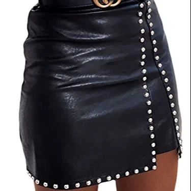 Womens Faux Leather Short Mini Skirt High Waist Rhinestone Studded Bodycon Pencil Skirt