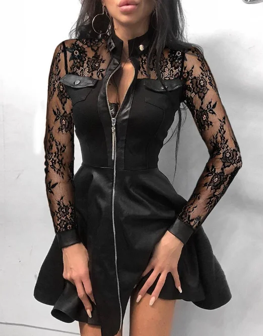 Black Lace Sleeve PU Faux Leather Plus Size Dress Fashion V-Neck Zipper Party Dress