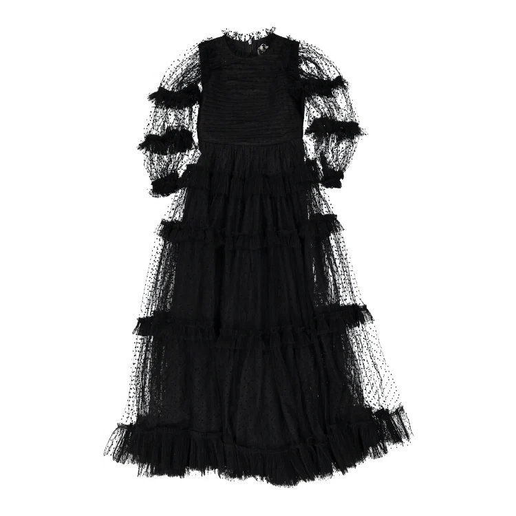 Black Tulle Pleated Frill Gown