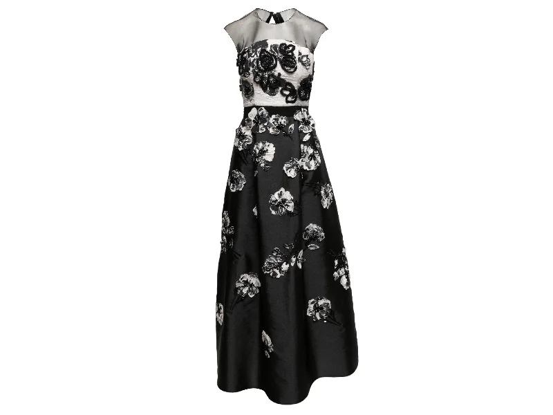 Black & White Sachin & Babi Noir Floral Applique Evening Dress Size US XS