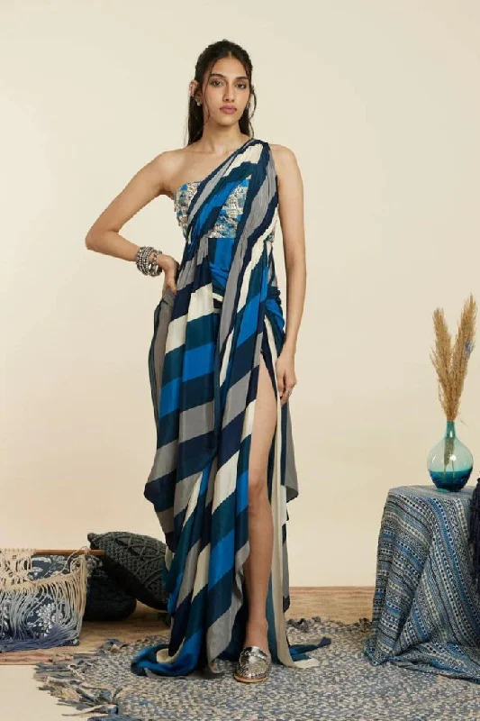 BLUE STRIPE HIGH SLIT DRAPED SAREE GOWN