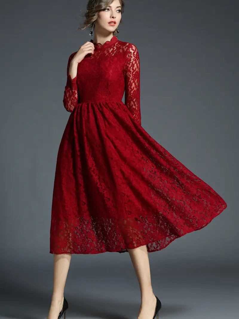 Burgundy High Neck Lace Long Sleeve Party Dress