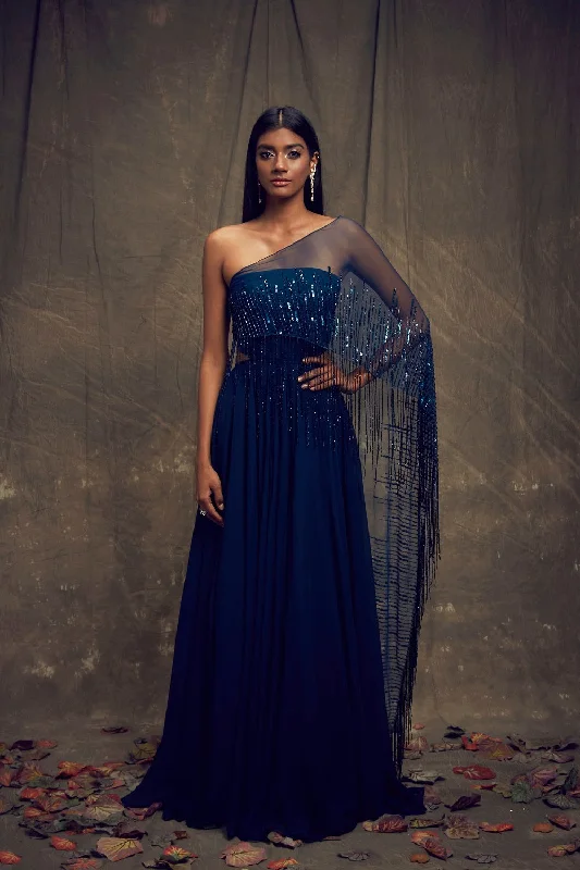 One Shoulder Blue Net Drape Gown