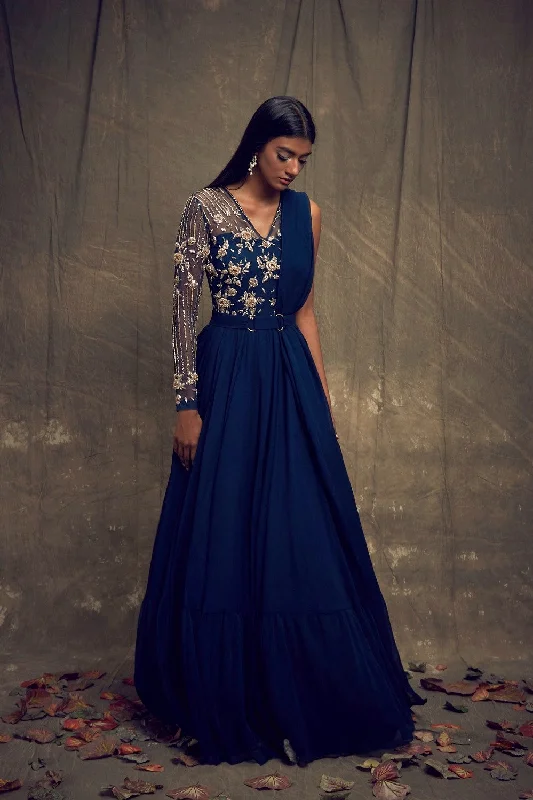 Dark Teal Blue Single Sleeve Embellished Gown