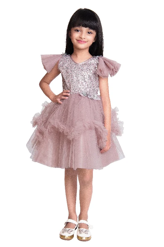 Orchid Coloured Embellished Simple Design Net Party Wear Frock For Girls