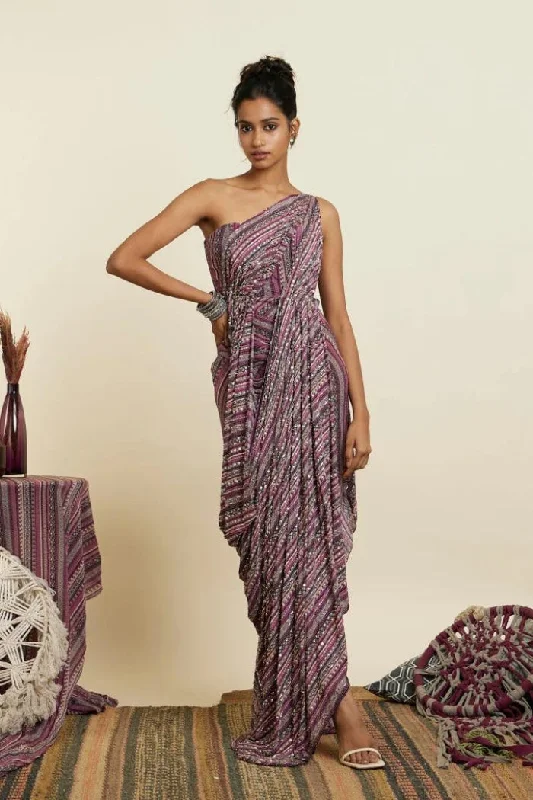 MERLOT BOHO STRIPE PRINT EMBELLISHED SAREE GOWN