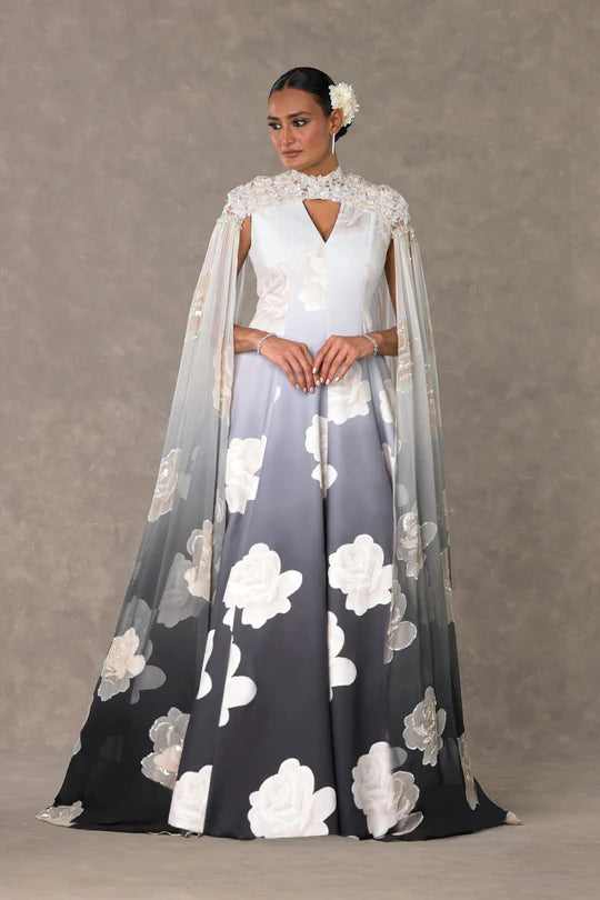 Monochrome Gulaab Gown Set With Cape