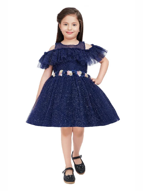 Navy Blue Coloured Imported Net Simple Design Off Shoulder Pattern Party Wear Frock For Girls