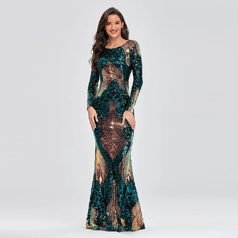 BerriesJam - O-neck Long-Sleeve Shinning Sequins Evening Dress