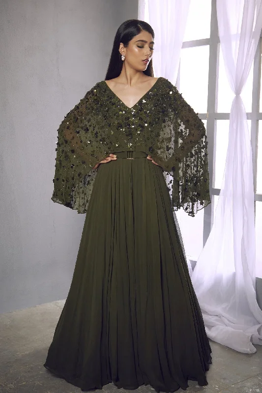 Olive Cape Anarkali Gown