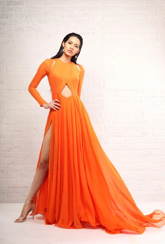 Orange Full Sleeve Cut out Gown