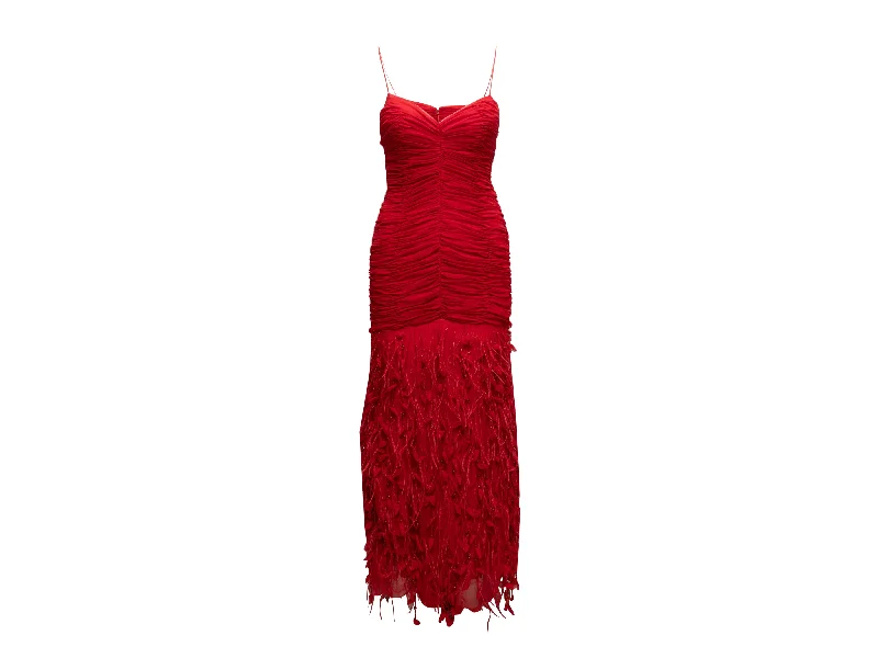 Red Pamela Roland Feather-Trimmed Silk Evening Dress Size US 6