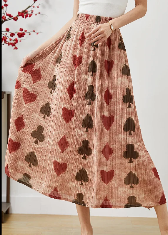 Brick Red Print Cotton Pleated Skirt Elastic Waist Summer