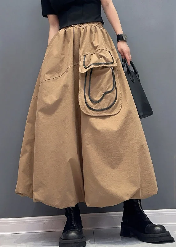 Casual Khaki Pockets Elastic Waist Cotton Skirts Summer