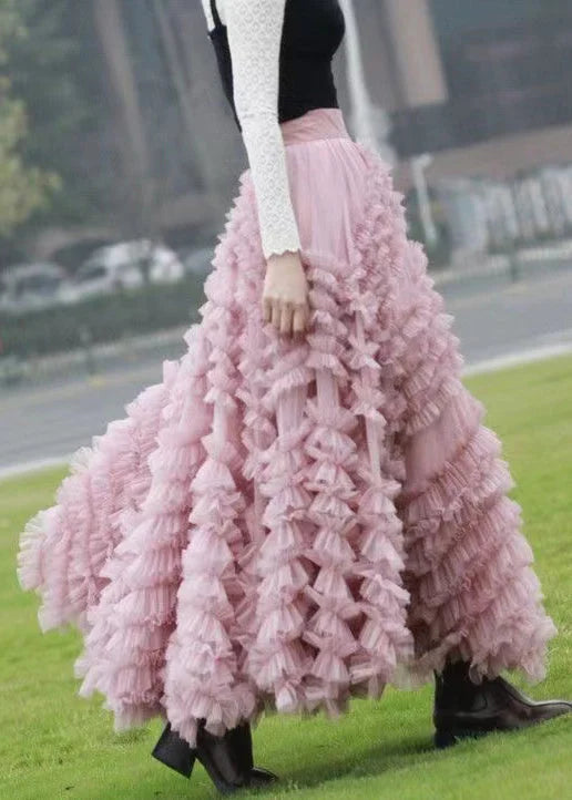 Italian Pink Ruffled High Waist Tulle Skirts Fall