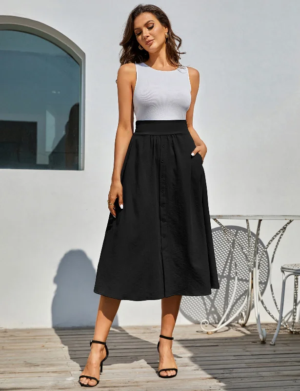 Front Slit Skirt Elastic High Waist Buttons Decorated A-Line Skirt