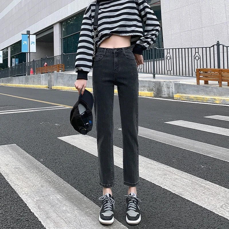 NiDELL Cigarette Pants High Waist Small Straight-Leg Jeans Women's Slim Fit Slimming High Internet Celebrity Stretch Korean Style Small Cropped Pants