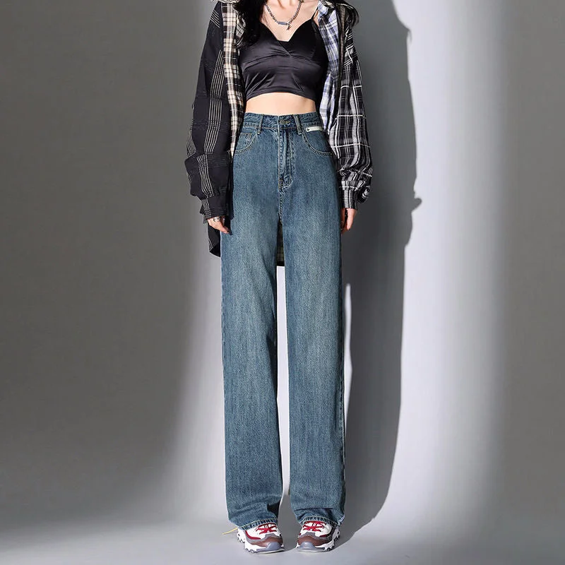 NiDELL Design High Waist Straight Jeans Women Chic Style Korean Style Casual All-Match Draping Effect High Street Wide Leg Mop Pants