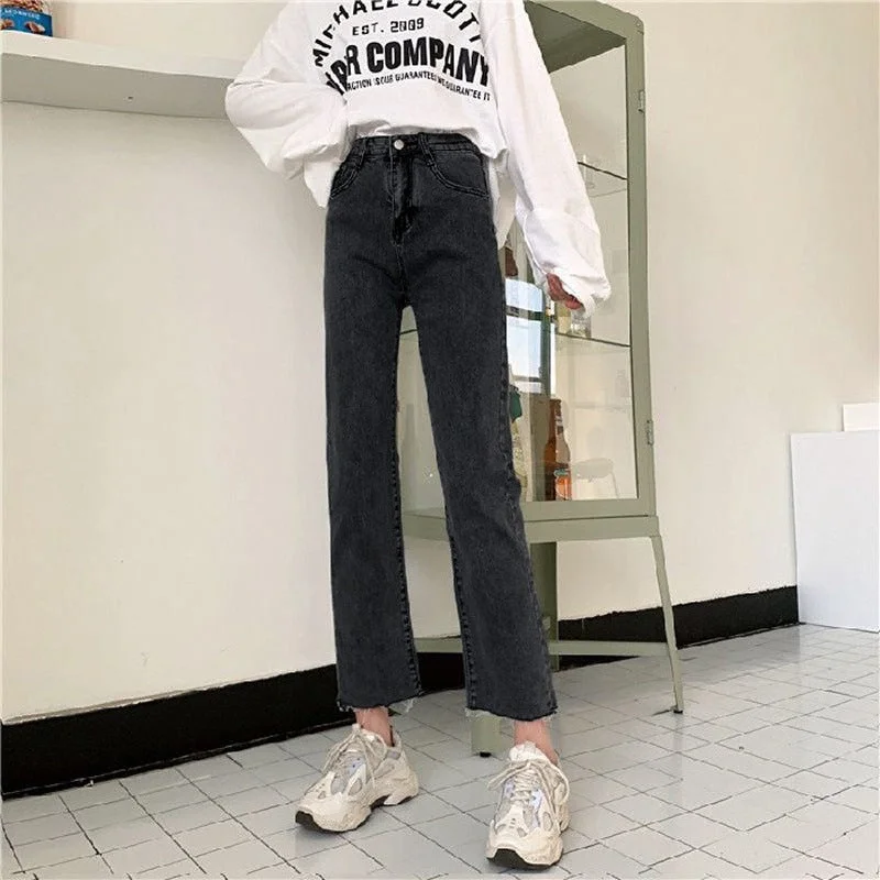 NiDELL Elastic Small Straight-Leg Jeans Women . New Slim High Waist Loose Chic Raw-Cut Ankle-Length Cigarette Pants