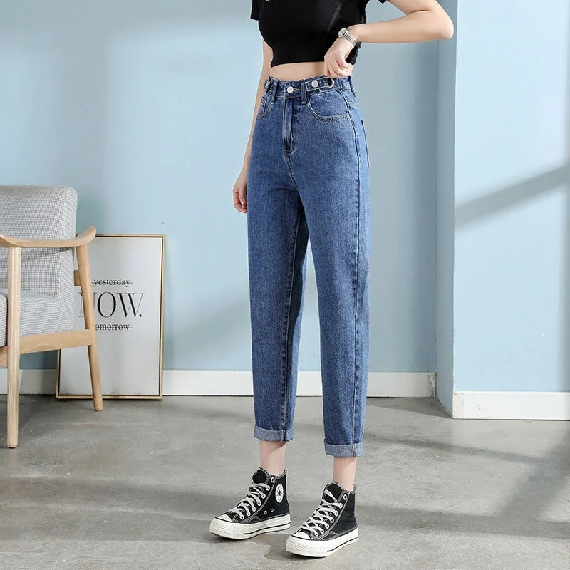 NiDELL High Waist Harem Jeans Women's Waist Adjustable Straight Loose Slimming High All-Match Radish Ankle-Length Dad Pants