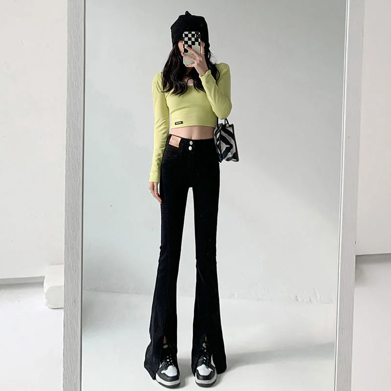 NiDELL High Waist Slit Slightly Flared Jeans Women's Light Color Spring and Summer . New Elastic Slim Mop Chic Pants