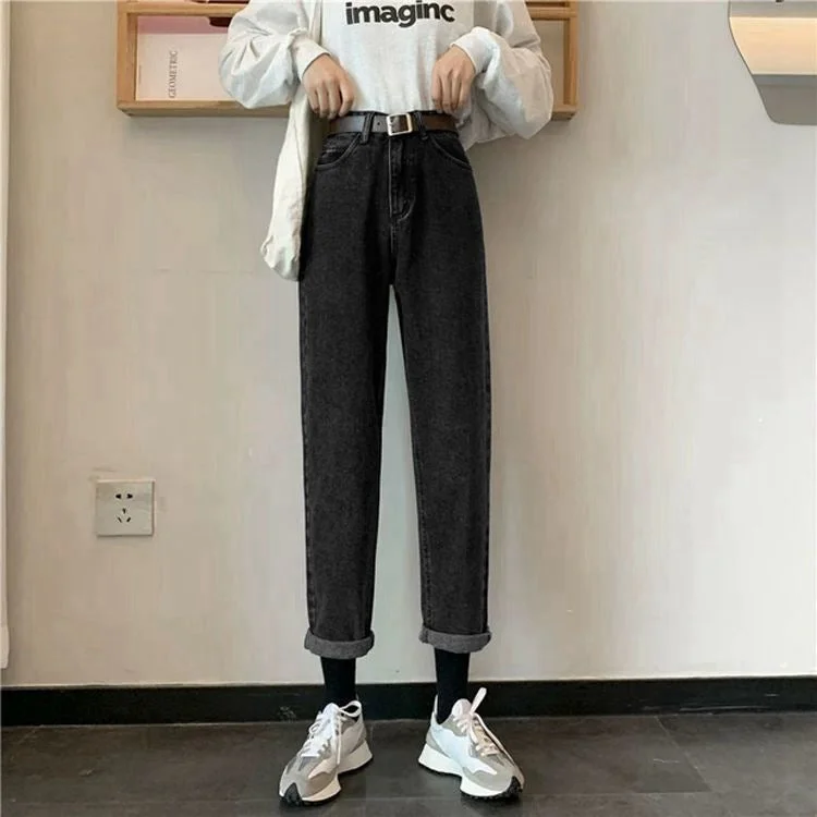 NiDELL Korean Style Black Harem Jeans Women's Straight Loose . New High Waist Slimming Radish Daddy Pants Women