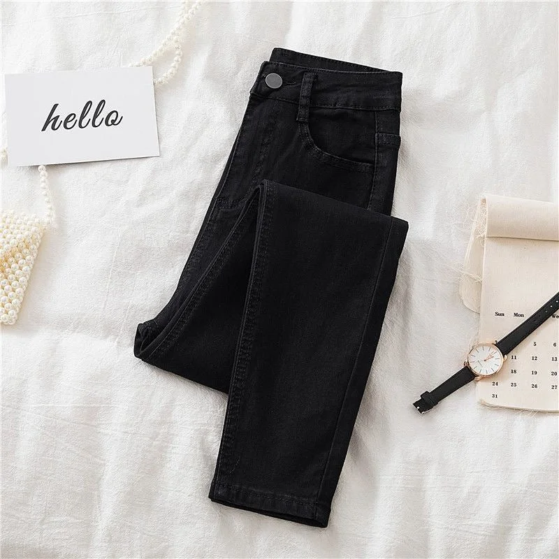 NiDELL Korean Style Skinny Jeans Women's Autumn and Winter . New High Waist Elastic Slim Fit Outer Wear Ankle-Length All-Matching Pencil Pants