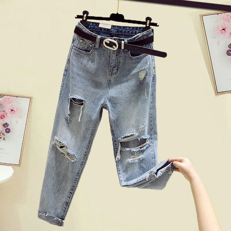 NiDELL Korean Style Slimming and Straight Beggar Ripped Jeans Women's . Summer and Autumn High Waist Cropped Pants All-Matching Dad Harem Pants