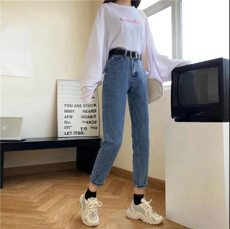 NiDELL Loose Straight Jeans for Women Autumn and Winter 2020 New Fleece-Lined High Waist Slimming High Ankle-Length Harem Daddy Pants