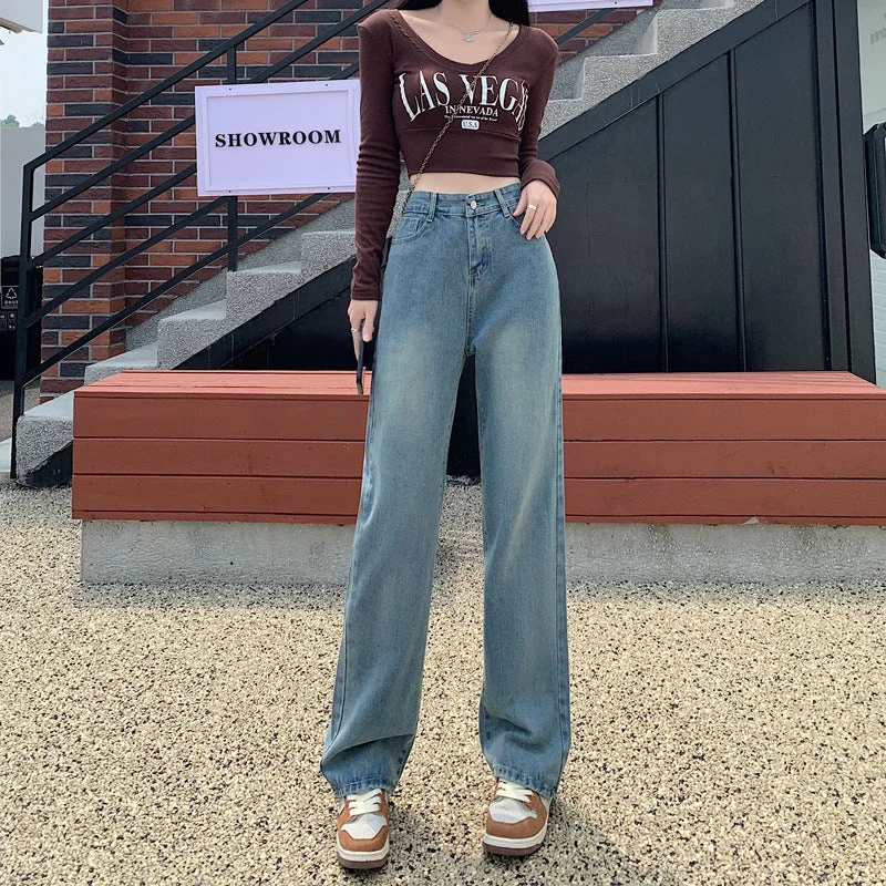 NiDELL Real Shot High Waist Jeans Women's Straight Loose Retro New Autumn and Winter Small Distressed Drape Mop Wide Leg Pants