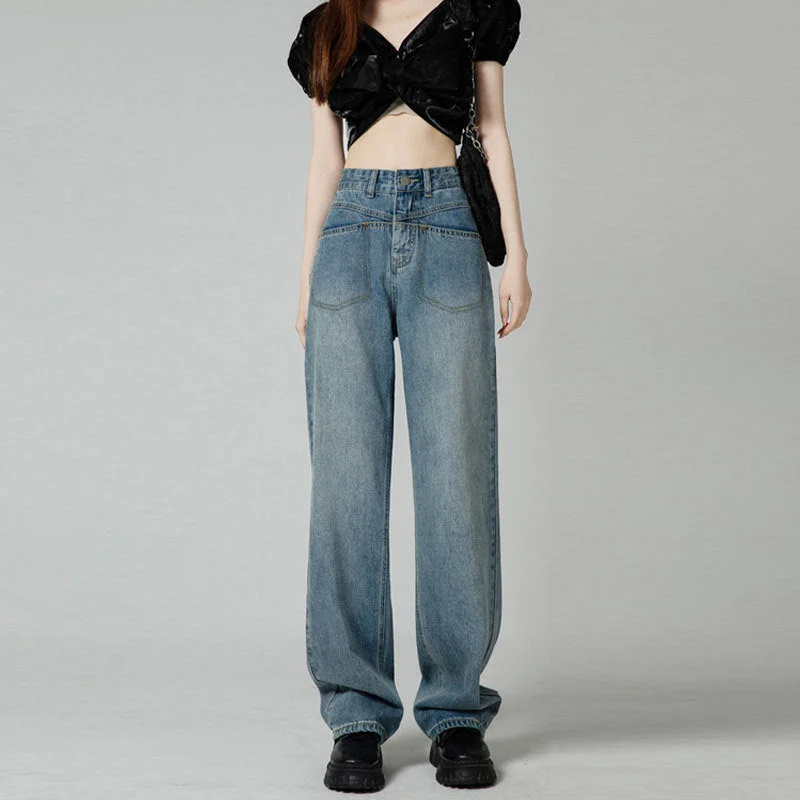 NiDELL Retro Pear-Shaped Design Niche Drape Pocket Split Jeans Women's High Waist Straight Loose Wide Leg Mop Pants