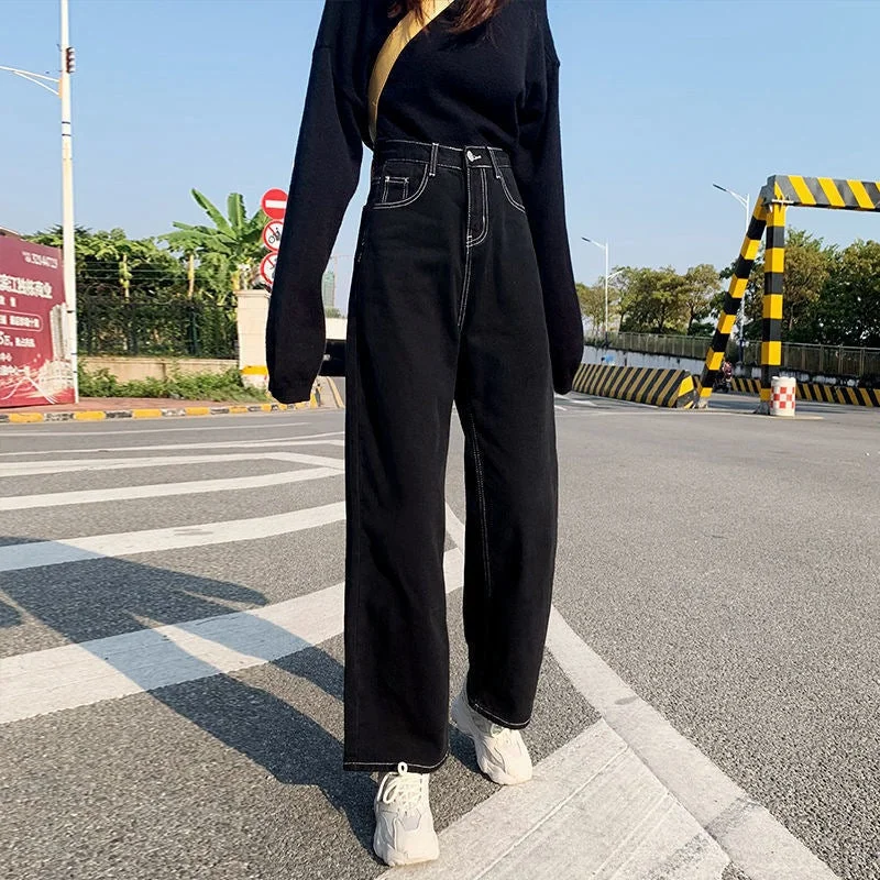 NiDELL Summer . New High Waist Jeans Women's Black Loose Slimming and Wide Leg Student Korean Style All-Matching Straight Mop Pants