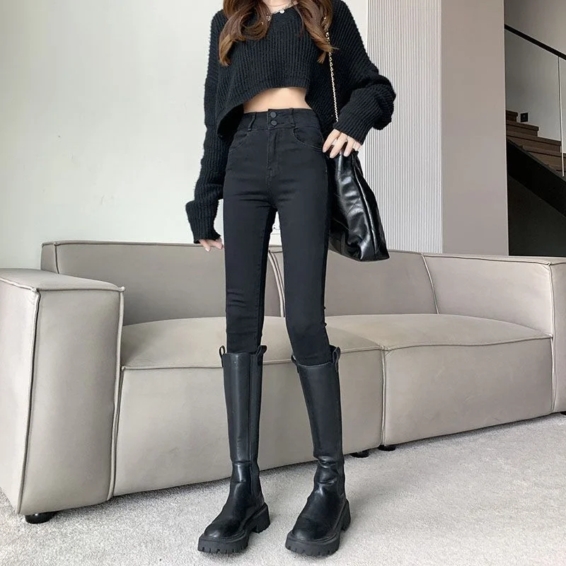 NiDELL Ultra High Waist Belly Contracting Double Buckle Denim Skinny Pants Women's Autumn and Winter New Slim Stretch Skinny Versatile Cropped Pencil Pants