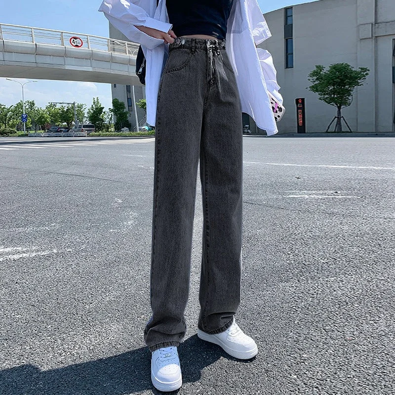 NiDELL Waist Adjustable Wide Leg Jeans for Women . Summer New High Waist Straight Slimming Korean Style Loose Mop Pants Fashion