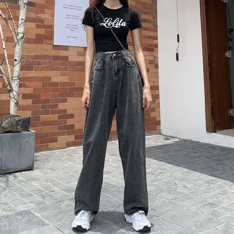 NiDELL White High-Waist Wide Leg Jeans Women's Loose Vibe Style Pants All-Matching Slimming and Straight Daddy Mop Pants Autumn