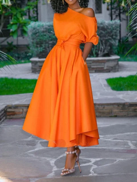 A Line Pleated Orange Elegant Dress