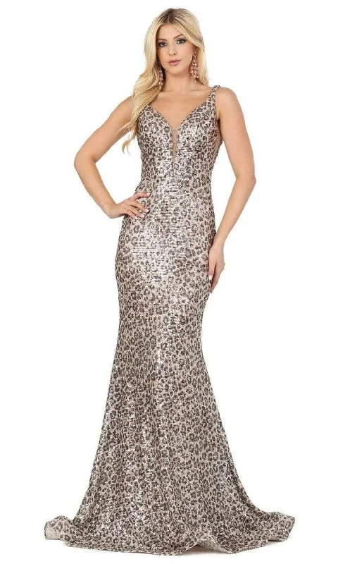 Dancing Queen - 2921 Printed Deep V-neck Trumpet Dress